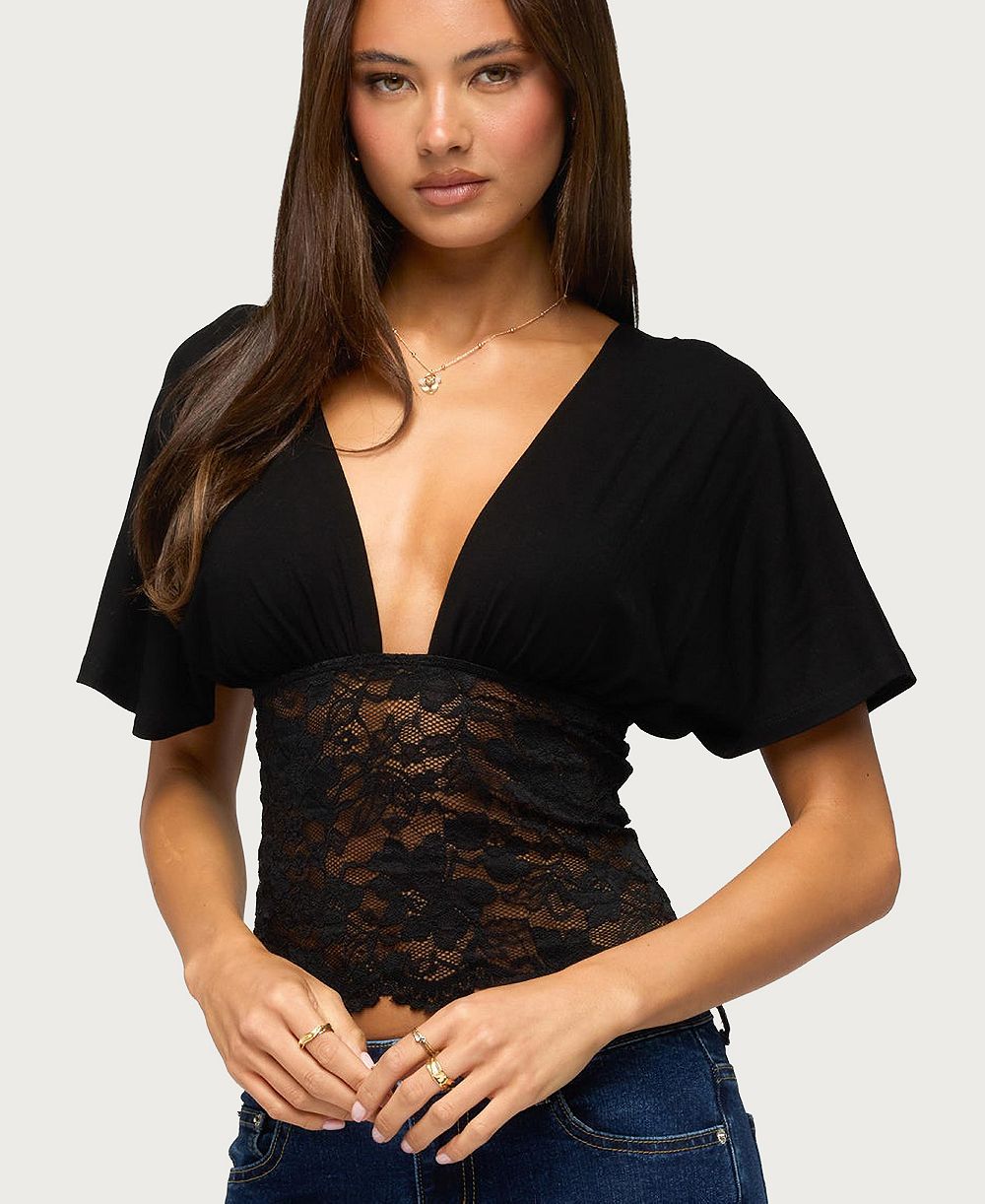 Edikted Women's Jaeda Lacey Flutter Plunging Top