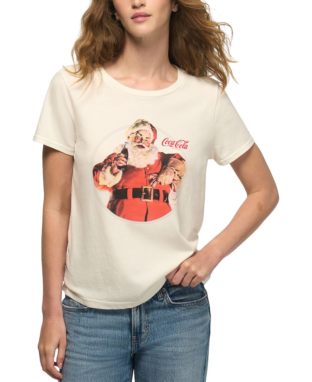 Женская ретро-футболка Lucky Brand с классическим принтом Coca Cola Santa и круглым вырезом