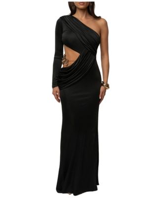 JLUXLABEL Women's Golden Frame Accent Long-Sleeve Asymmetrical One-Shoulder Cutout Dress