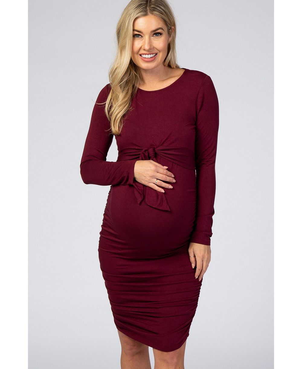 Pinkblush Women's Burgundy Ruched Fitted Front Bow Maternity/Nursing Dress