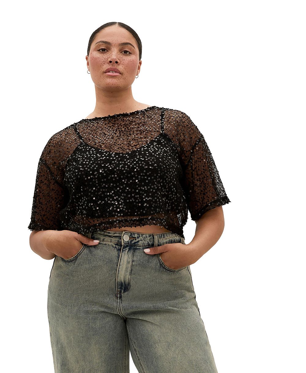 Женский укороченный топ CITY CHIC Plus Size из прозрачной сетки с пайетками Stardust
