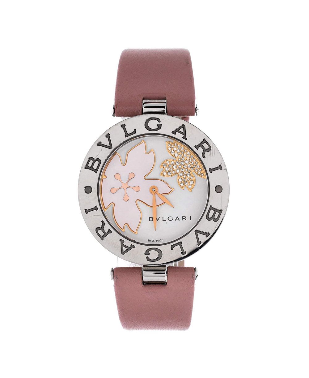 Pre-Owned Bvlgari B.Zero1 Flower Motif Quartz Watch in Stainless Steel and Leather with Diamond Dial and Mother of Pearl 35mm