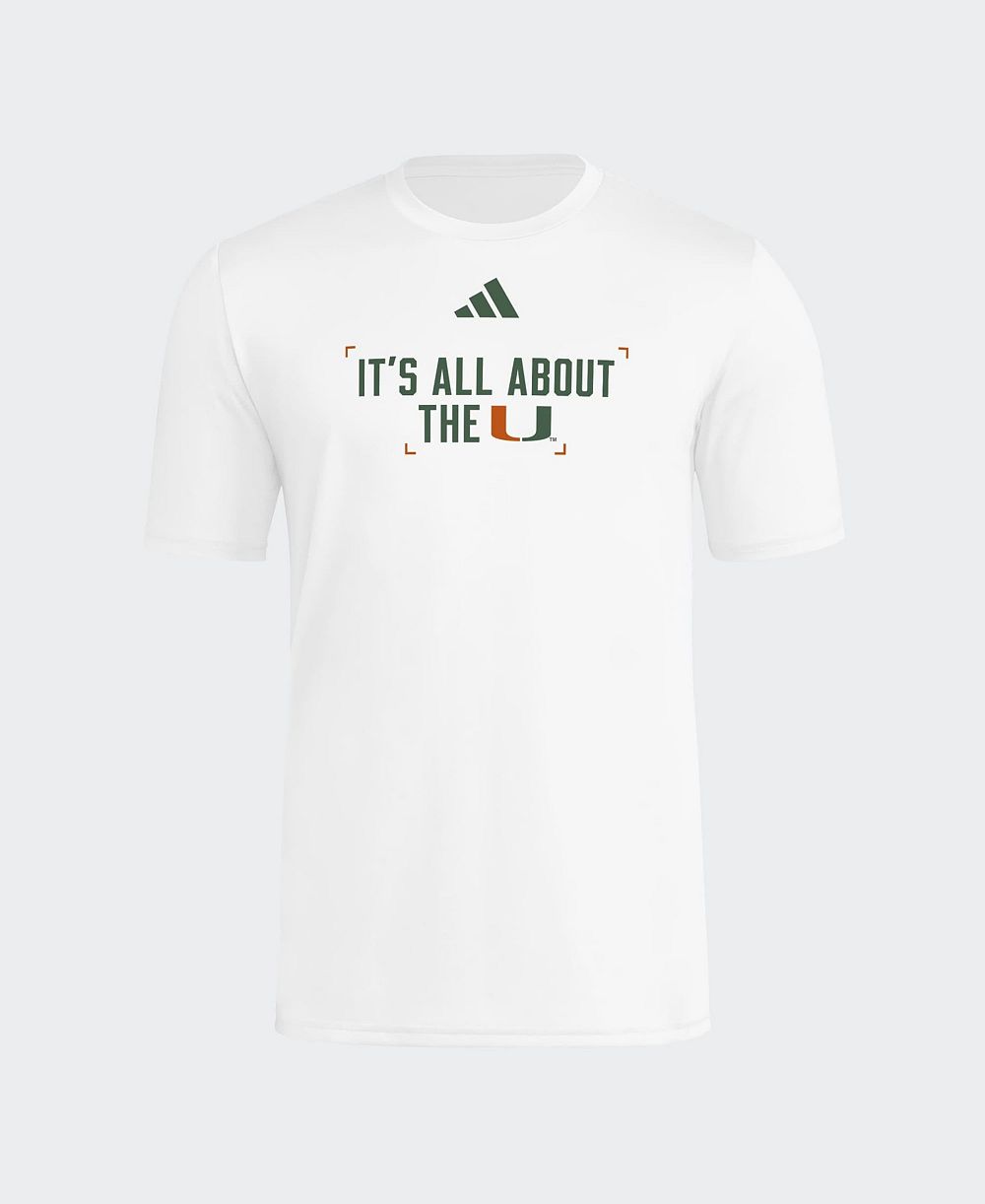 Men's adidas  White Miami Hurricanes Locker Slogan Football Pre-Game T-Shirt