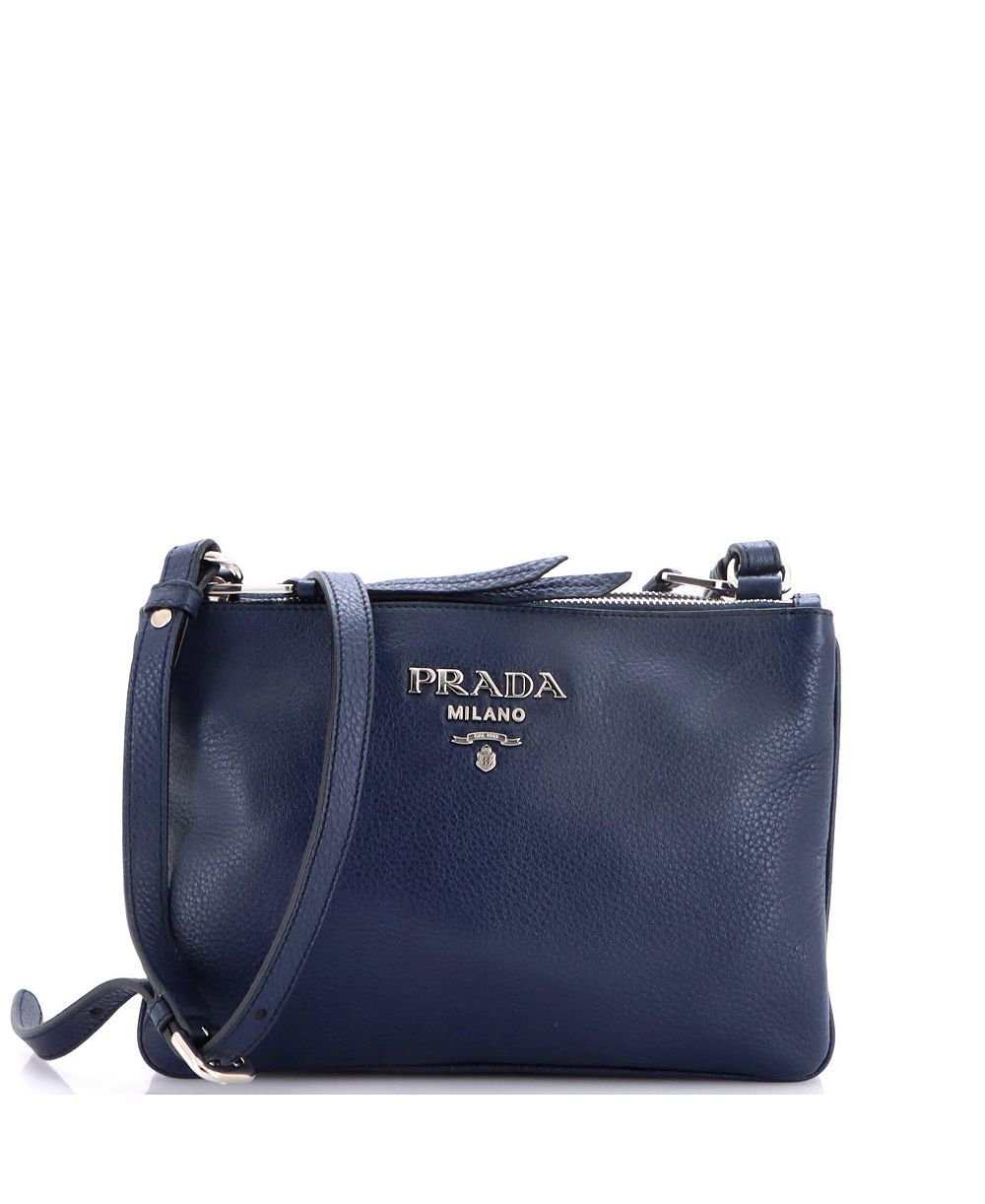 Б/у маленькая сумка Prada с двумя молниями через плечо из кожи Vitello Daino