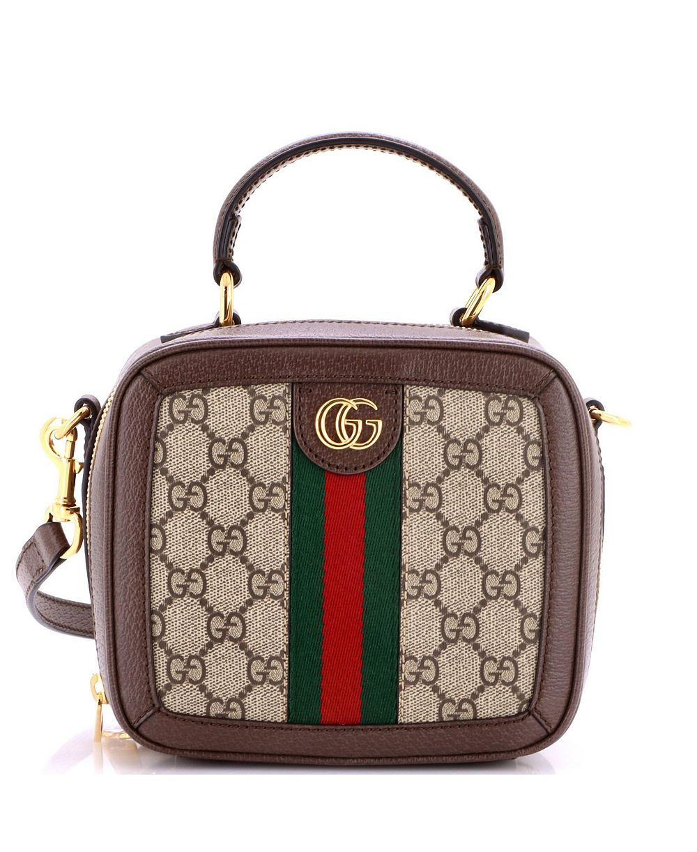 Б/у мини-сумка Gucci Ophidia с молнией и верхней ручкой из лакированной ткани GG Canvas с кожаной отделкой