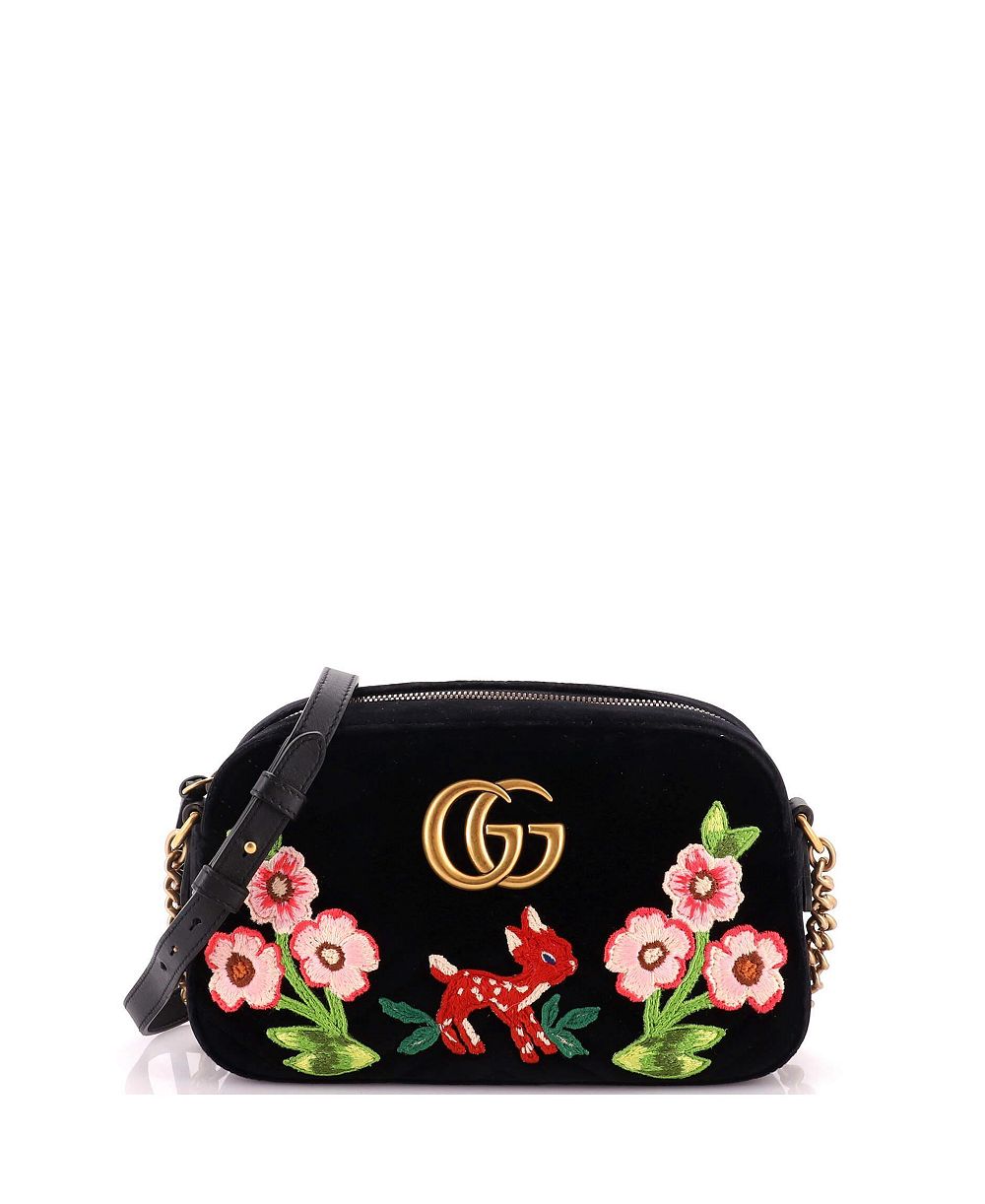 Pre-Owned Gucci Small GG Marmont Camera Bag Embroidered Matelasse Velvet