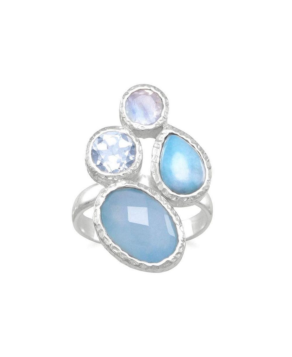Curata Jewelry Multi-Stone Chalcedony, Larimar, Topaz And Moonstone Cluster Ring Sterling Silver