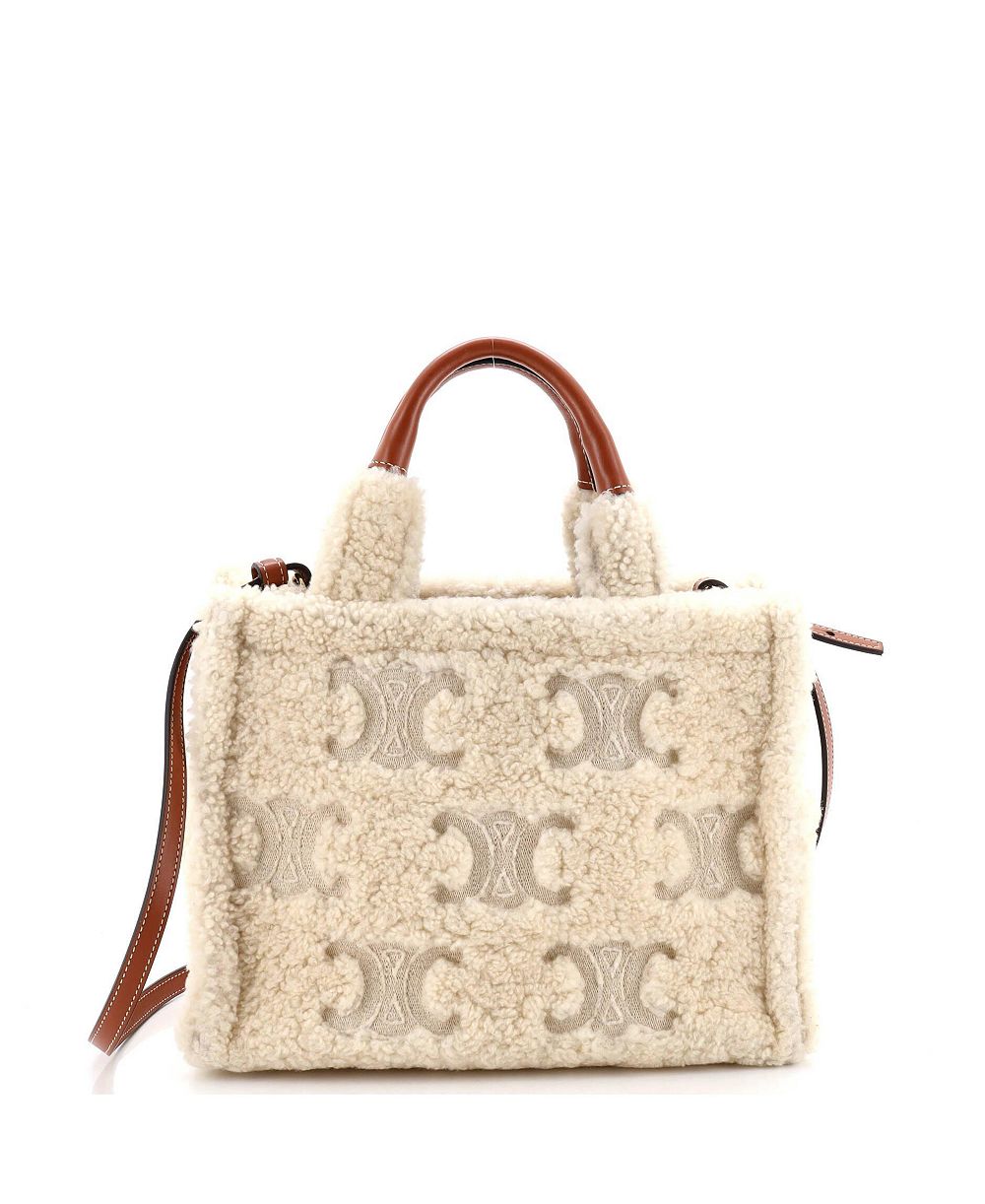 Pre-Owned Celine Small Cabas Thais Tote Triomphe Embroidered Shearling
