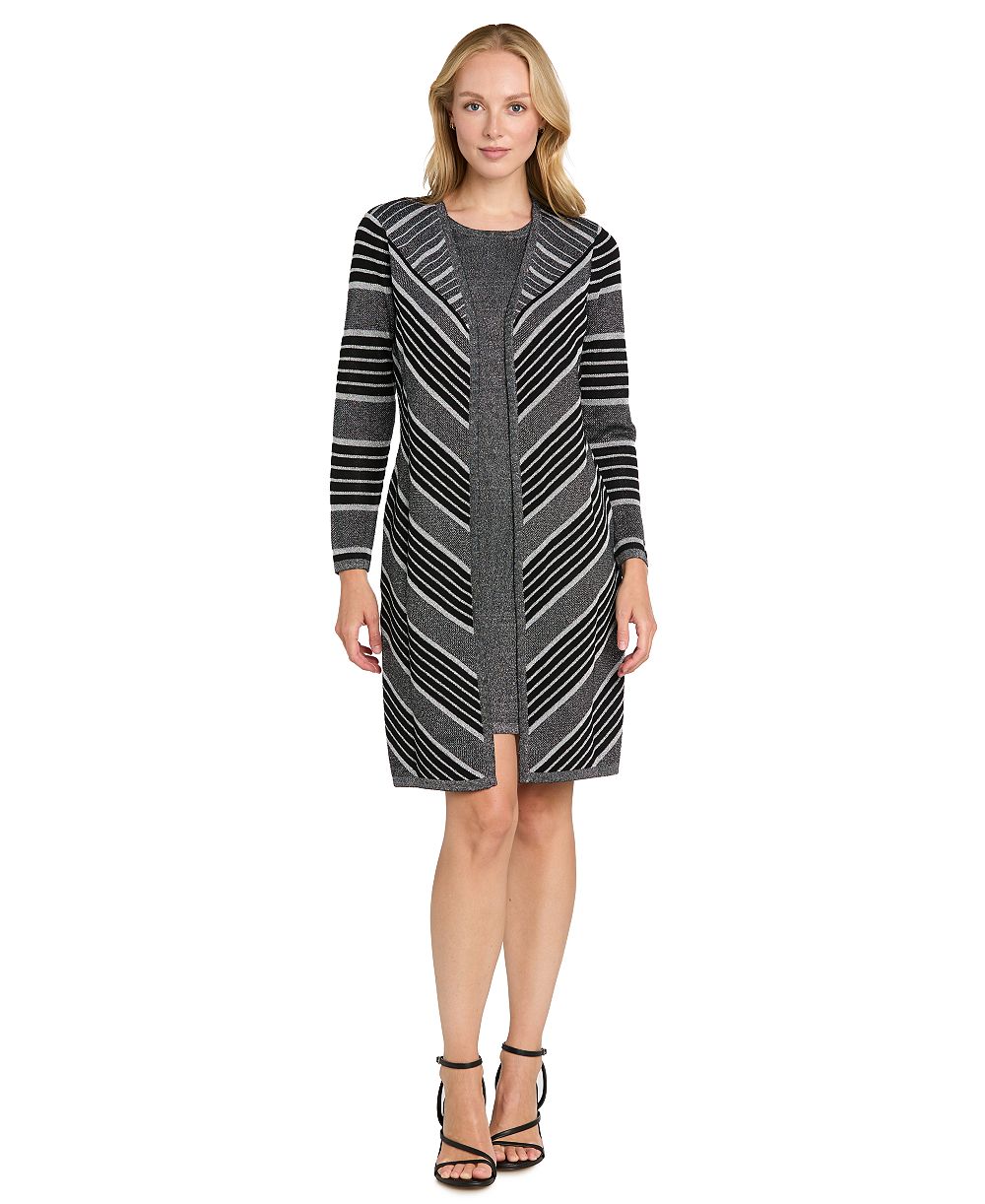 R & M Richards Women's Knit Striped Crewneck Jacket Dress