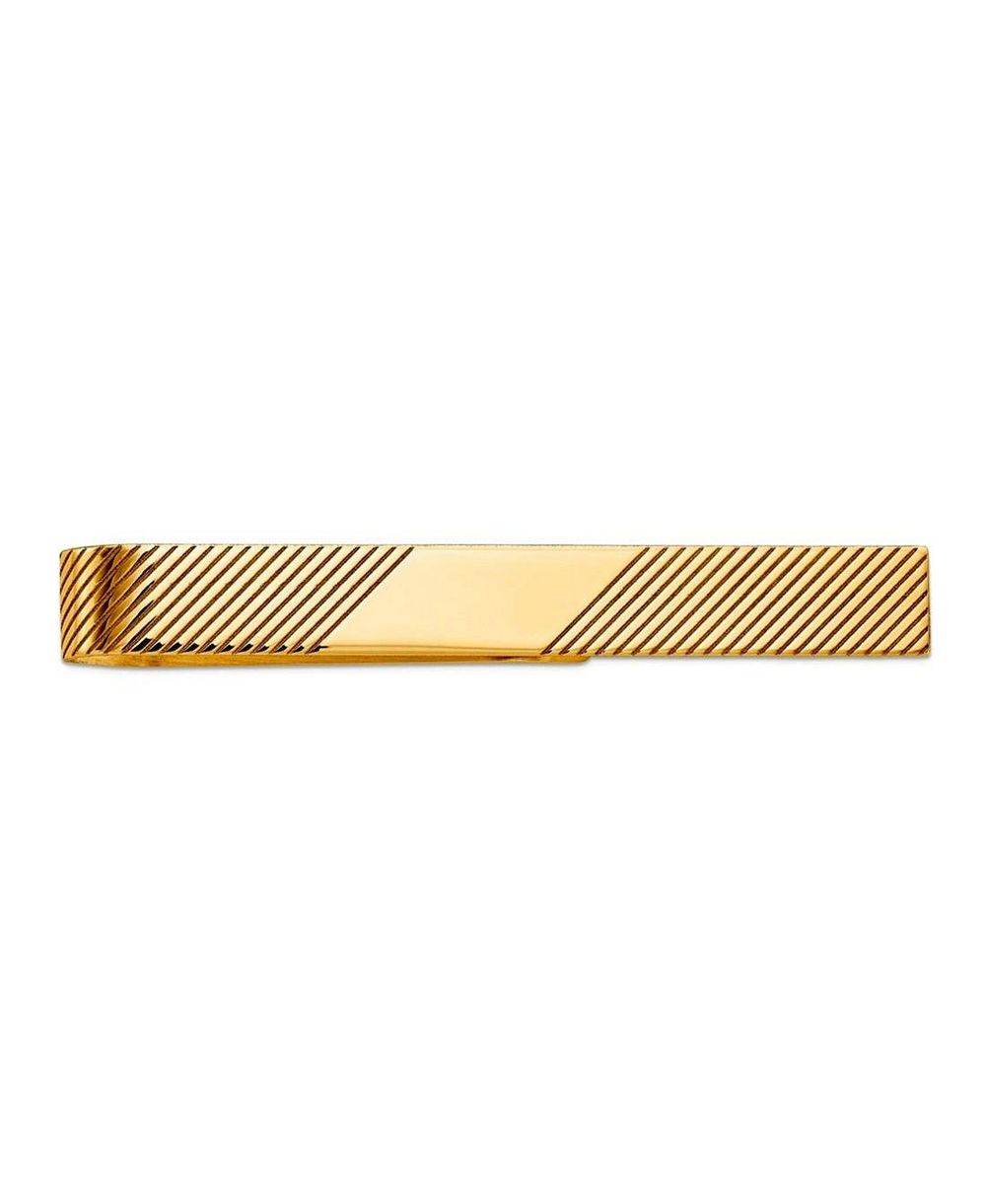 Solid 14k Yellow Gold Diagonal Grooved Tie Bar for Men
