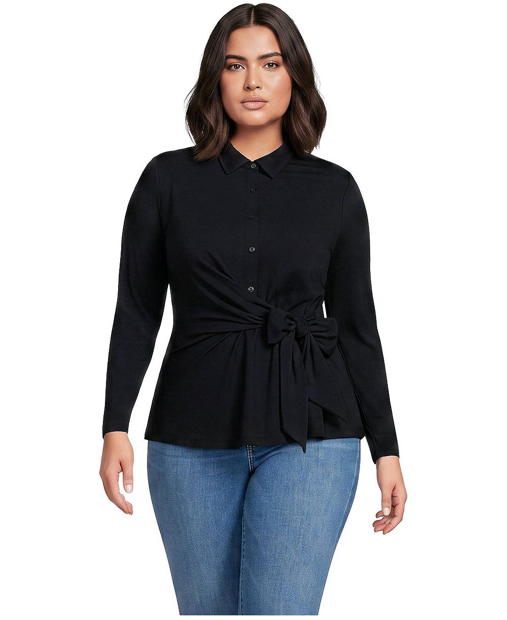Lands' End Plus Size Long-Sleeve Jersey Tie Detail Blouse