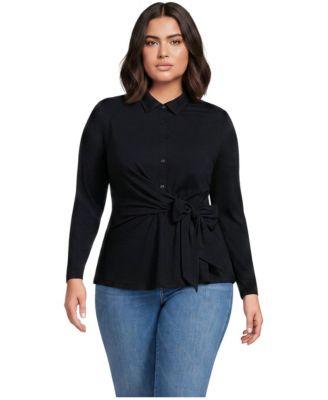 Lands' End Plus Size Long-Sleeve Jersey Tie Detail Blouse