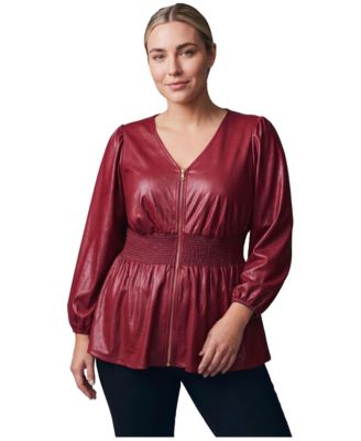 AVENUE Plus Size Liquid Knit Zip-Front Smocked Waist Top