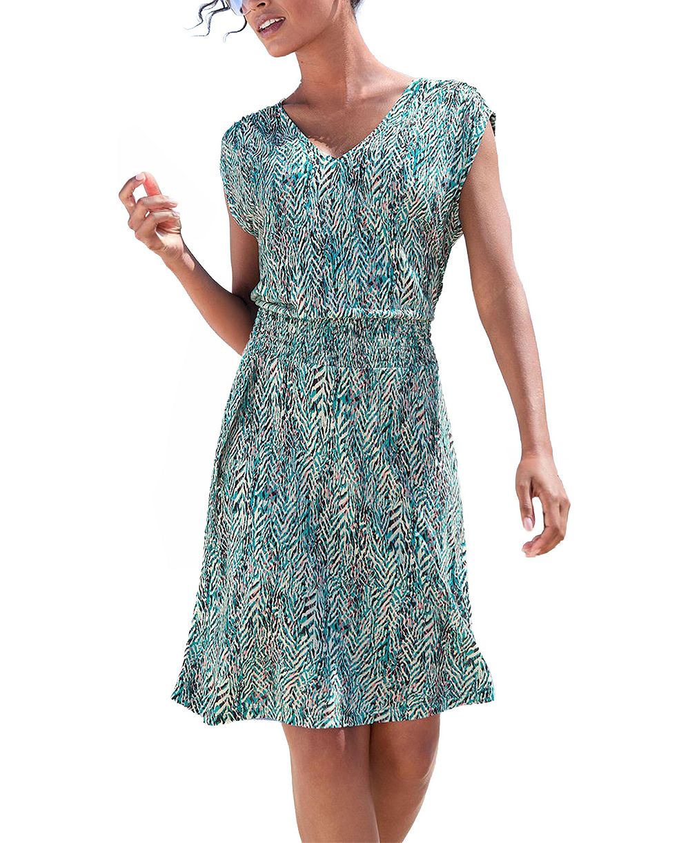 LASCANA Women's Viscose Printed Smocked Waist A-Line V-Neck Short Dress