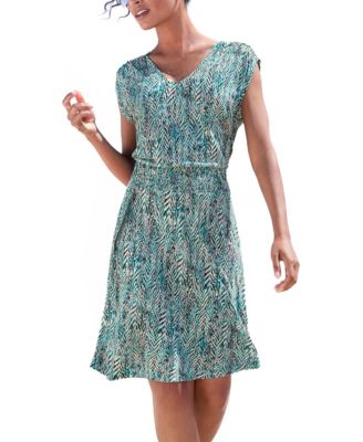 Женское короткое платье V-образным вырезом и зауженным кроем A-line из вискозы с принтом и сборками на талии LASCANA