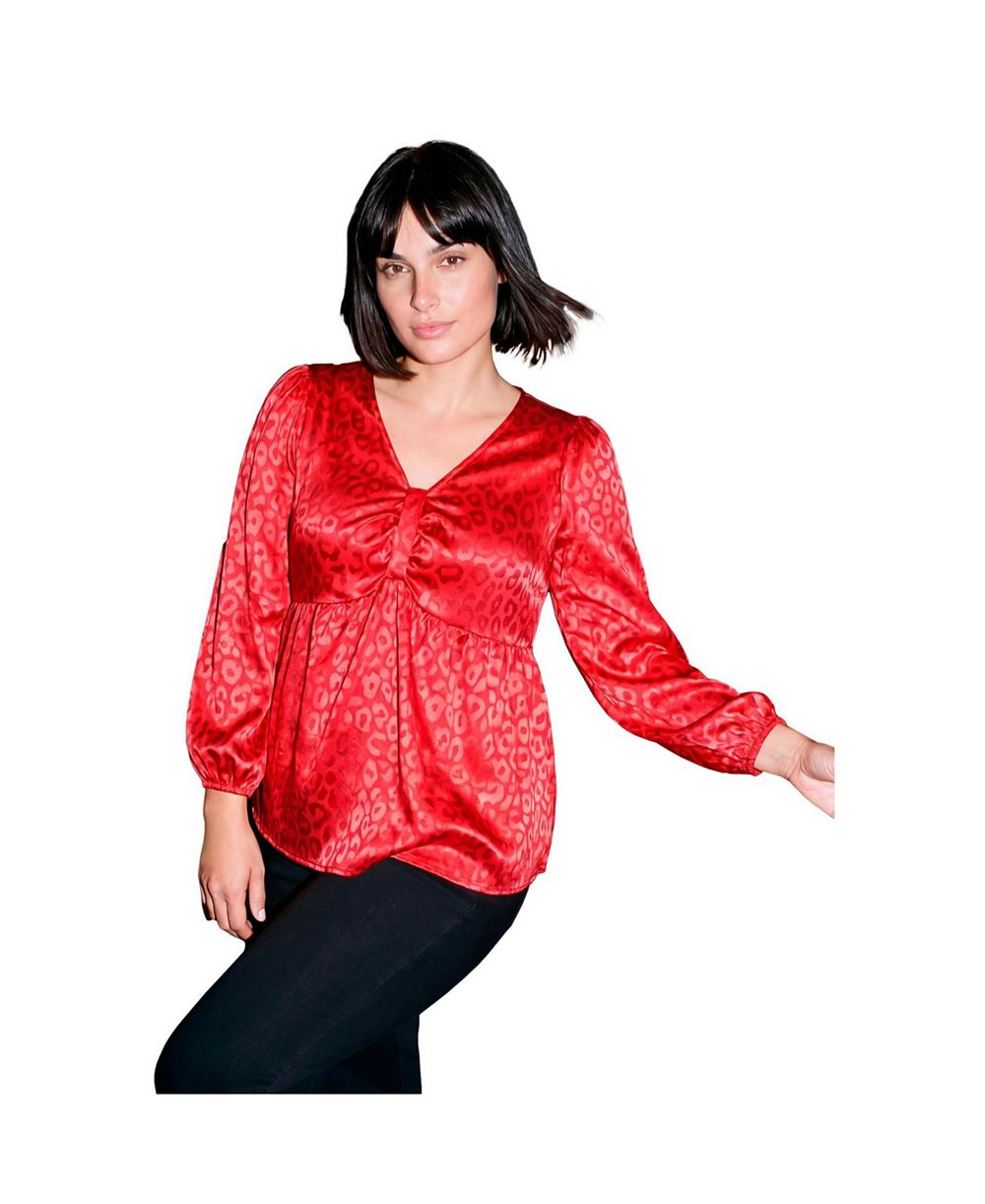 AVENUE Plus Size Seraphina Long-Sleeve Satin Jacquard V-Neck Blouse
