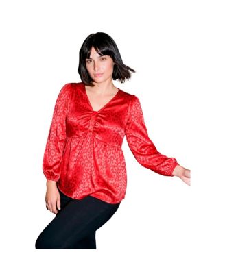 AVENUE Plus Size Seraphina Long-Sleeve Satin Jacquard V-Neck Blouse
