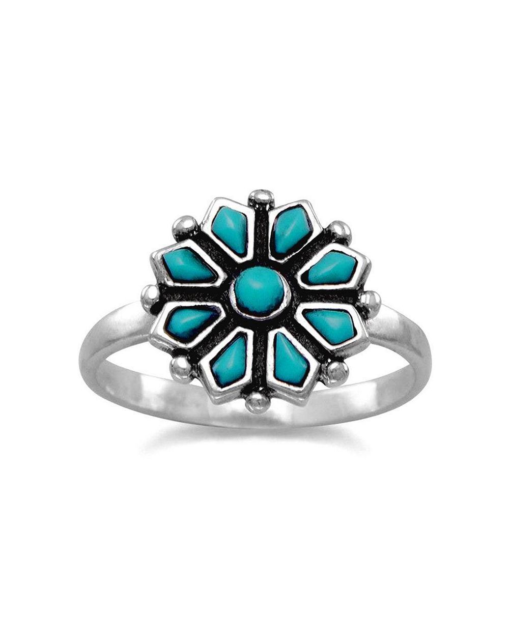 Curata Jewelry Simulated Turquoise Flower Ring Sterling Silver