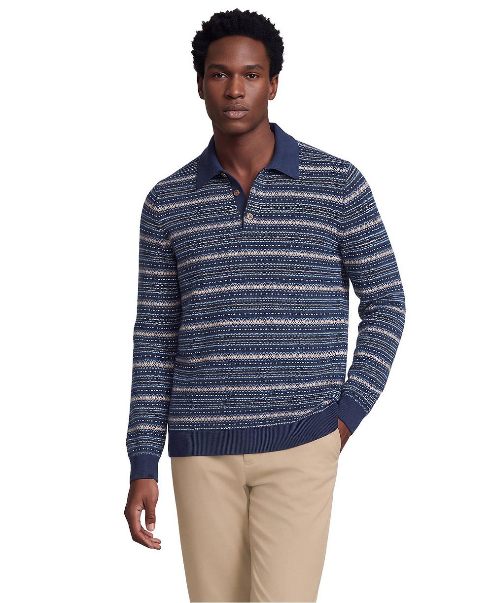 Lands' End Men's Long Sleeve CasTtouch Fairisle Sweater Polo