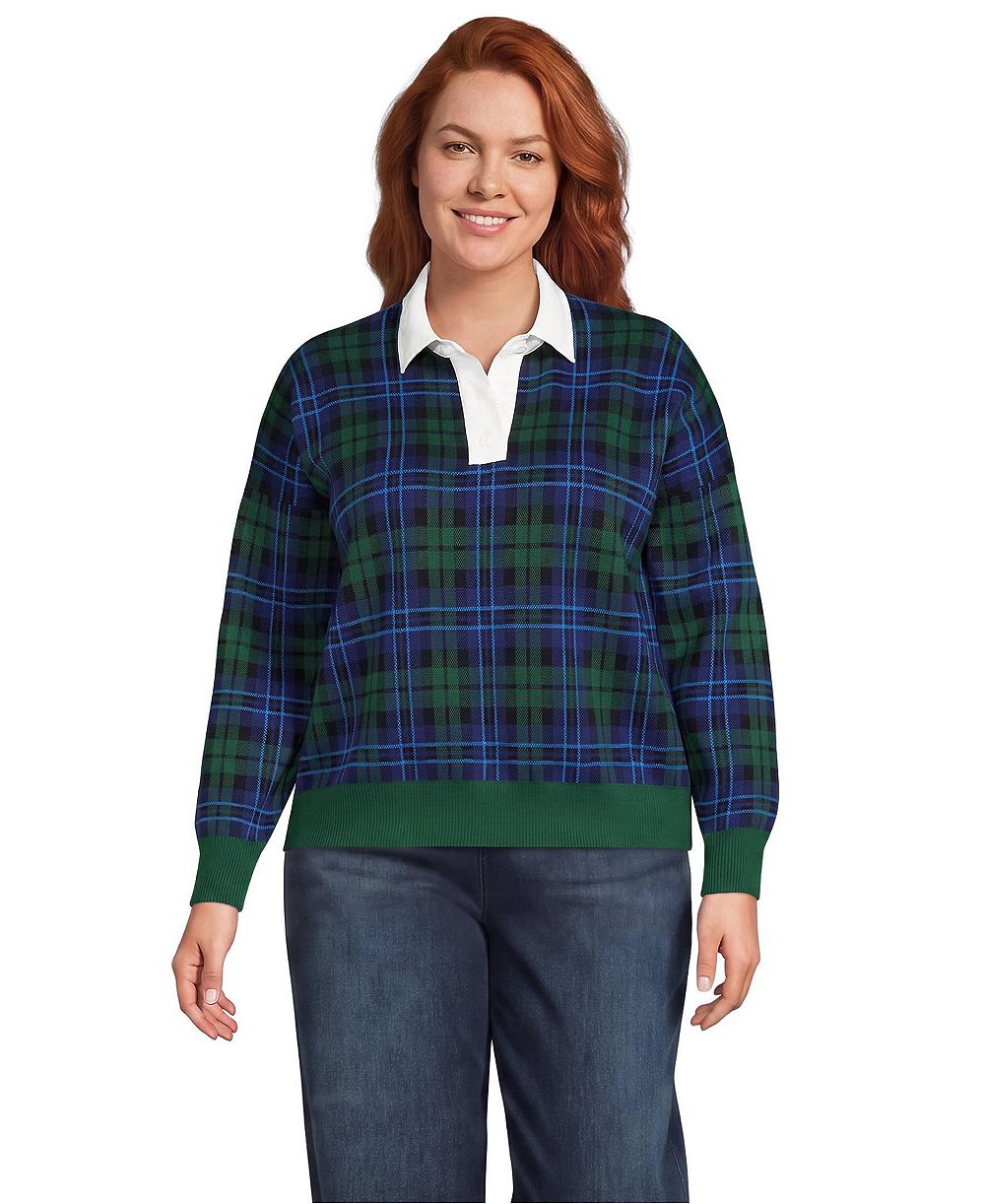 Lands' End Plus Size Drifter Collared Shaker-Knit Plaid Sweater