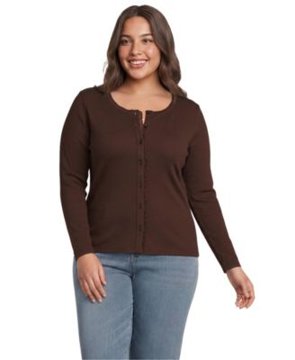 Lands' End Plus Size Long-Sleeve Ribbed Crewneck Cardigan