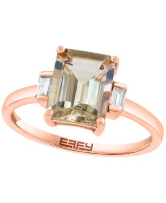 EFFY Collection кольцо с тремя камнями: бриллианты в форме бaguette и морганит в форме изумруда в розовом золоте 14k (1-3/4 карата морганита суммарно, 1/6 карата бриллиантов суммарно)