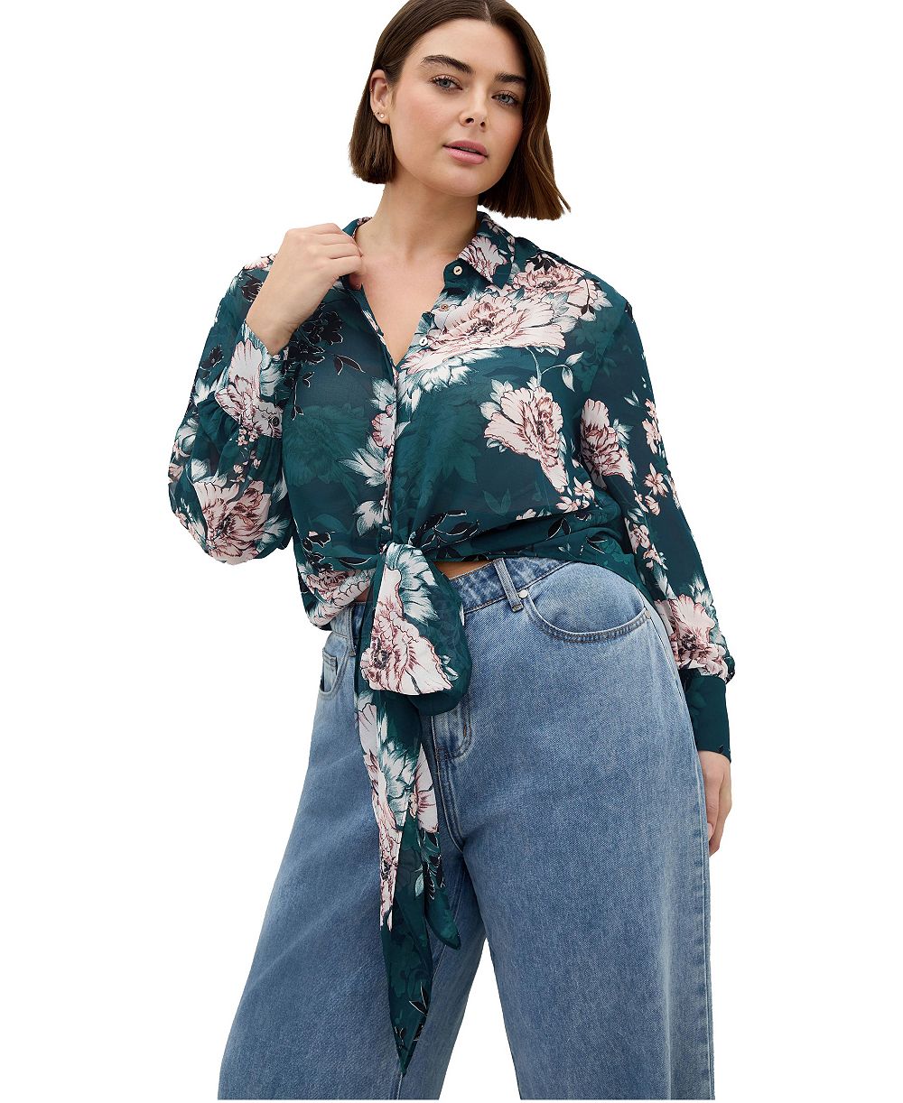Блузка CITY CHIC Plus Size Janine с воротником, длинным рукавом и завязками спереди