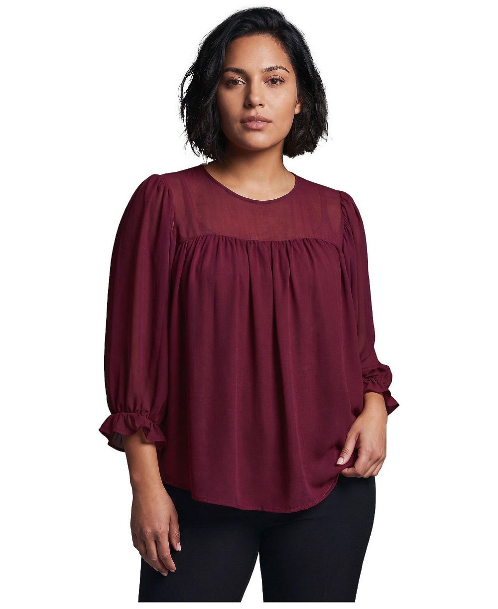 AVENUE Plus Size Gathered Sheer Relaxed-Fit Blouse