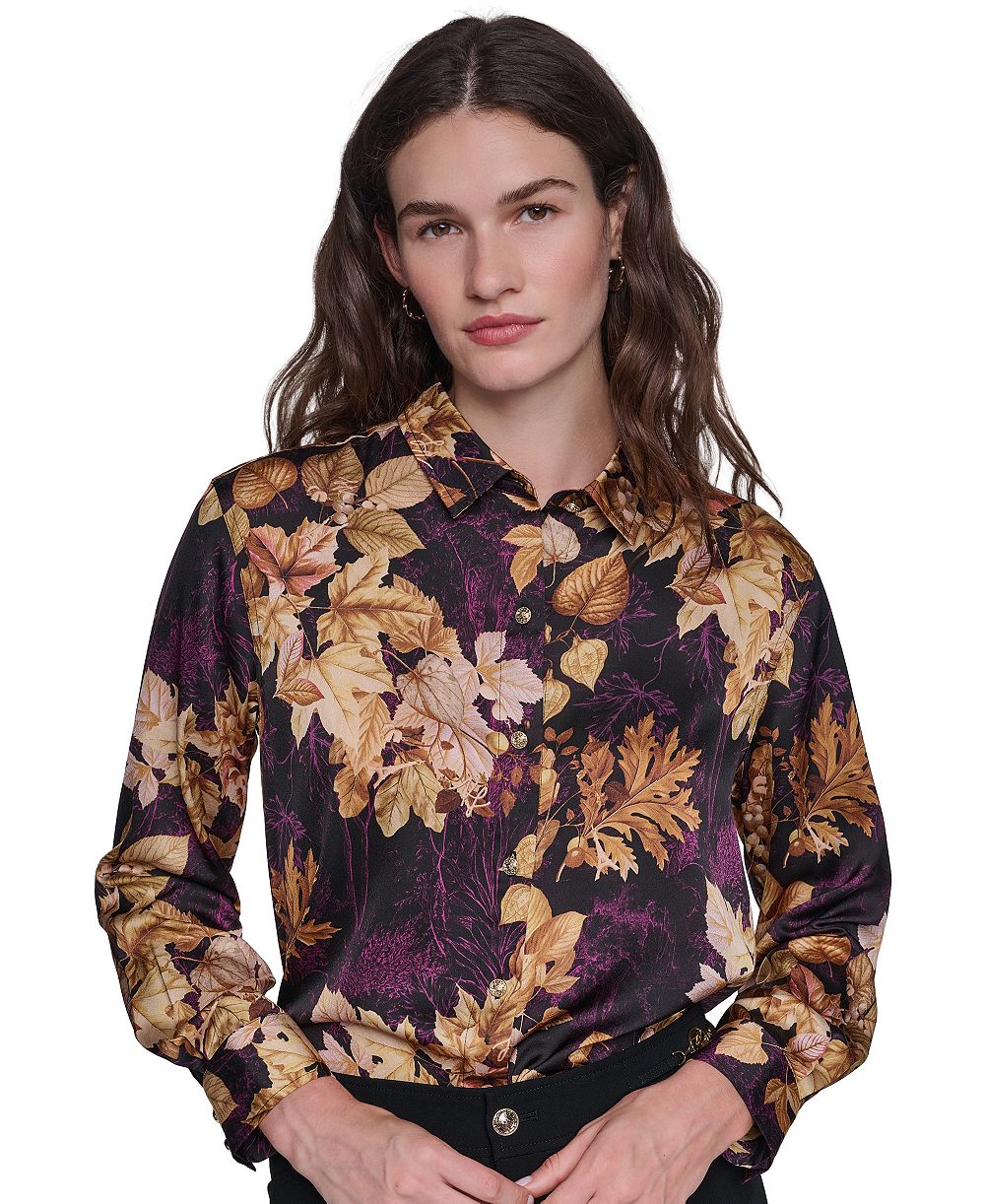 KARL LAGERFELD PARIS Petite Floral Printed Long-Sleeve Satin Blouse