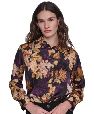 KARL LAGERFELD PARIS Petite Floral Printed Long-Sleeve Satin Blouse