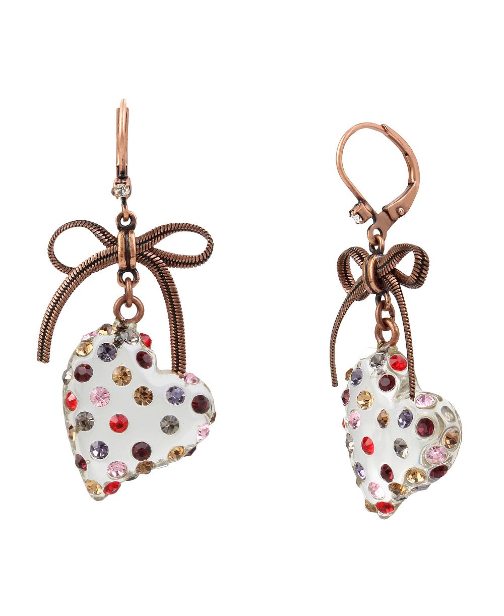 Betsey Johnson Glass Crystal Bronze-Tone Heart Drop Earrings