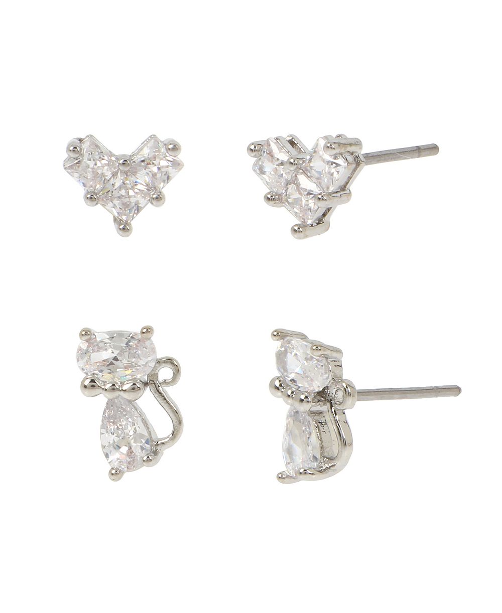 Серьги-гвоздики Betsey Johnson в форме сердца с кубическим цирконием, серебристого цвета, комплект из 2 штук