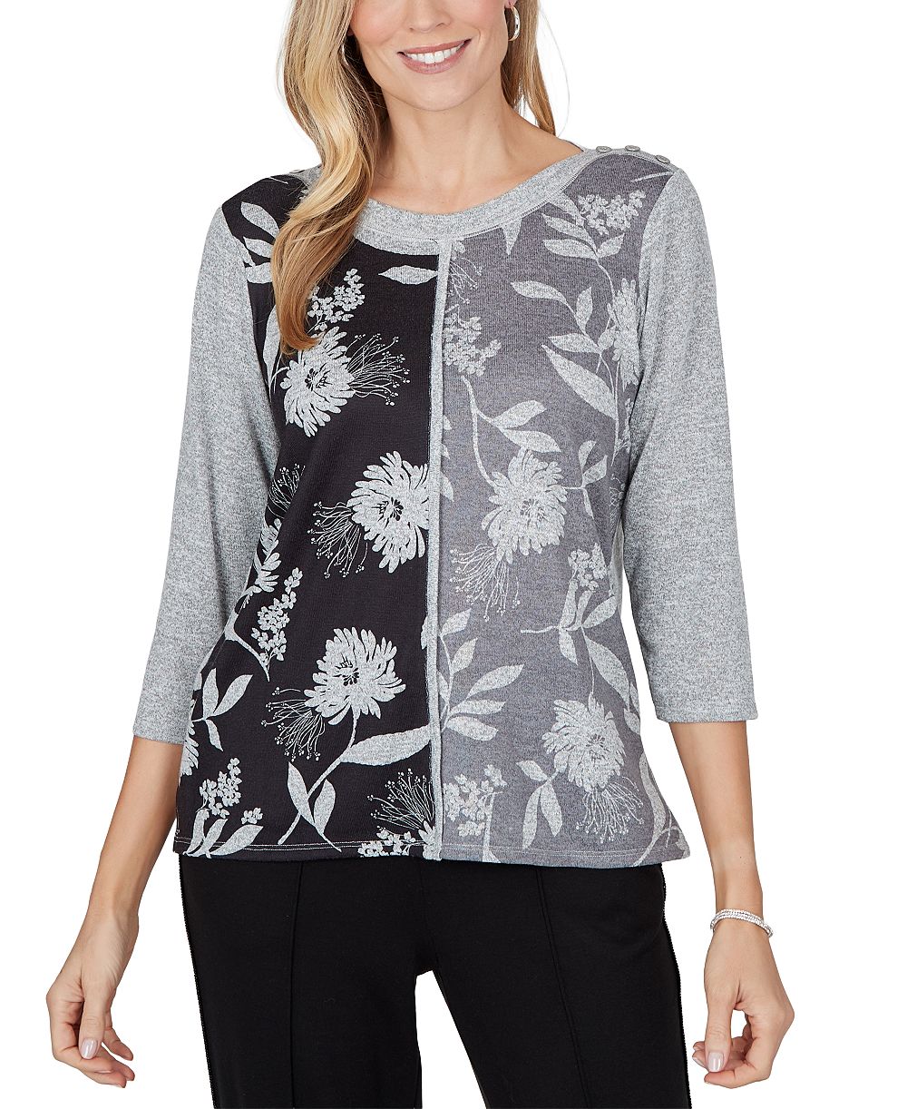 Alfred Dunner Petite Floral-Print Boat Neck Side Slit Blouse