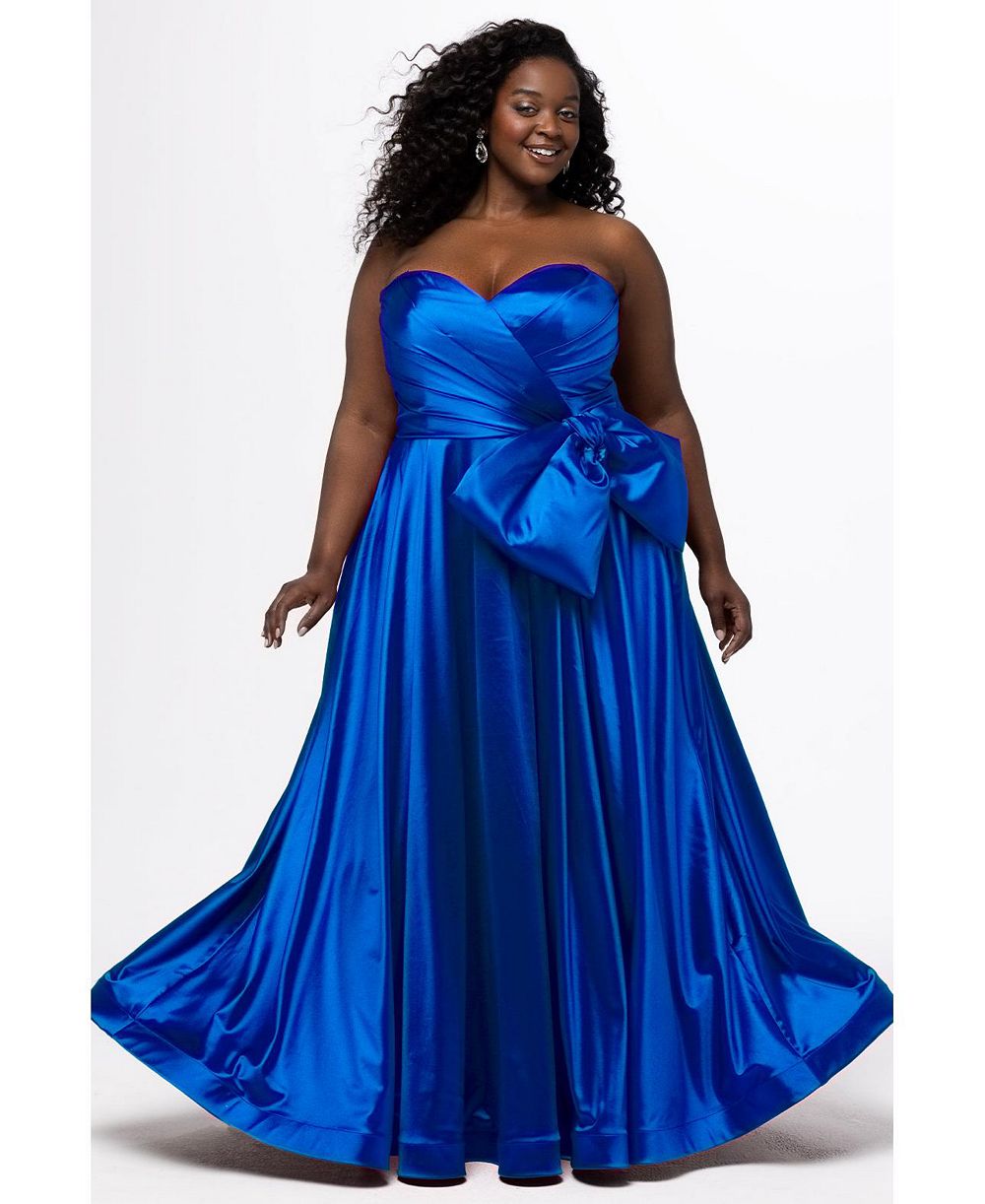 Sydney's Closet Women's Satin A-Line Curvy Formal plus-size Dress with Detachable Bow