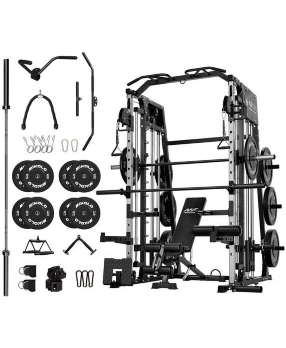 Домашний тренажерный комплекс Mikolo Smith Machine, силовая клетка на 2200 фунтов с кроссовером, скамья весом 1200 фунтов и блины 230 фунтов