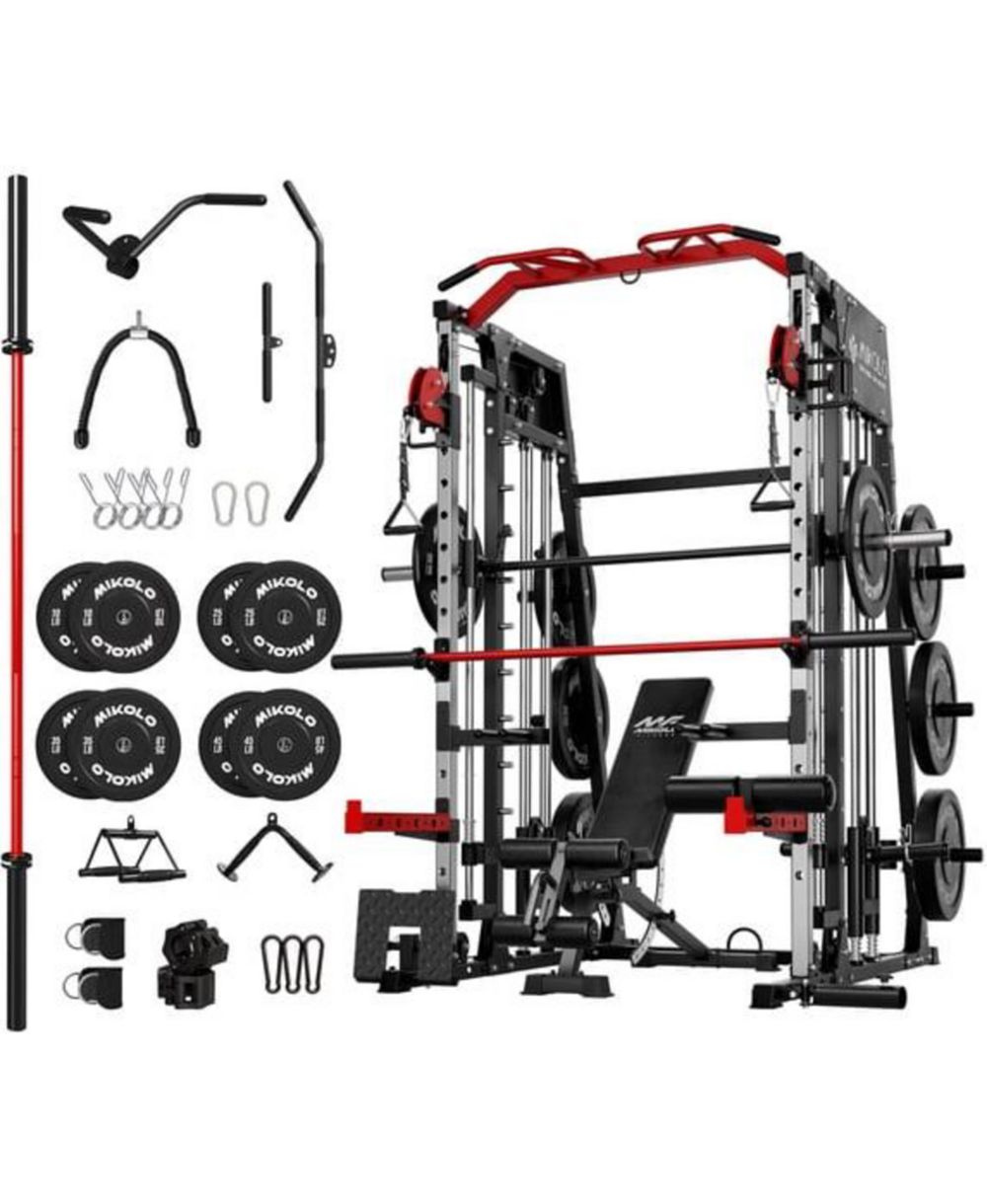 Силовая рама Mikolo Smith Machine для домашнего спортзала, 2200 фунтов, с кроссовером, силовая клетка, скамья для жима весом до 1200 фунтов и набор блинов 230 фунтов