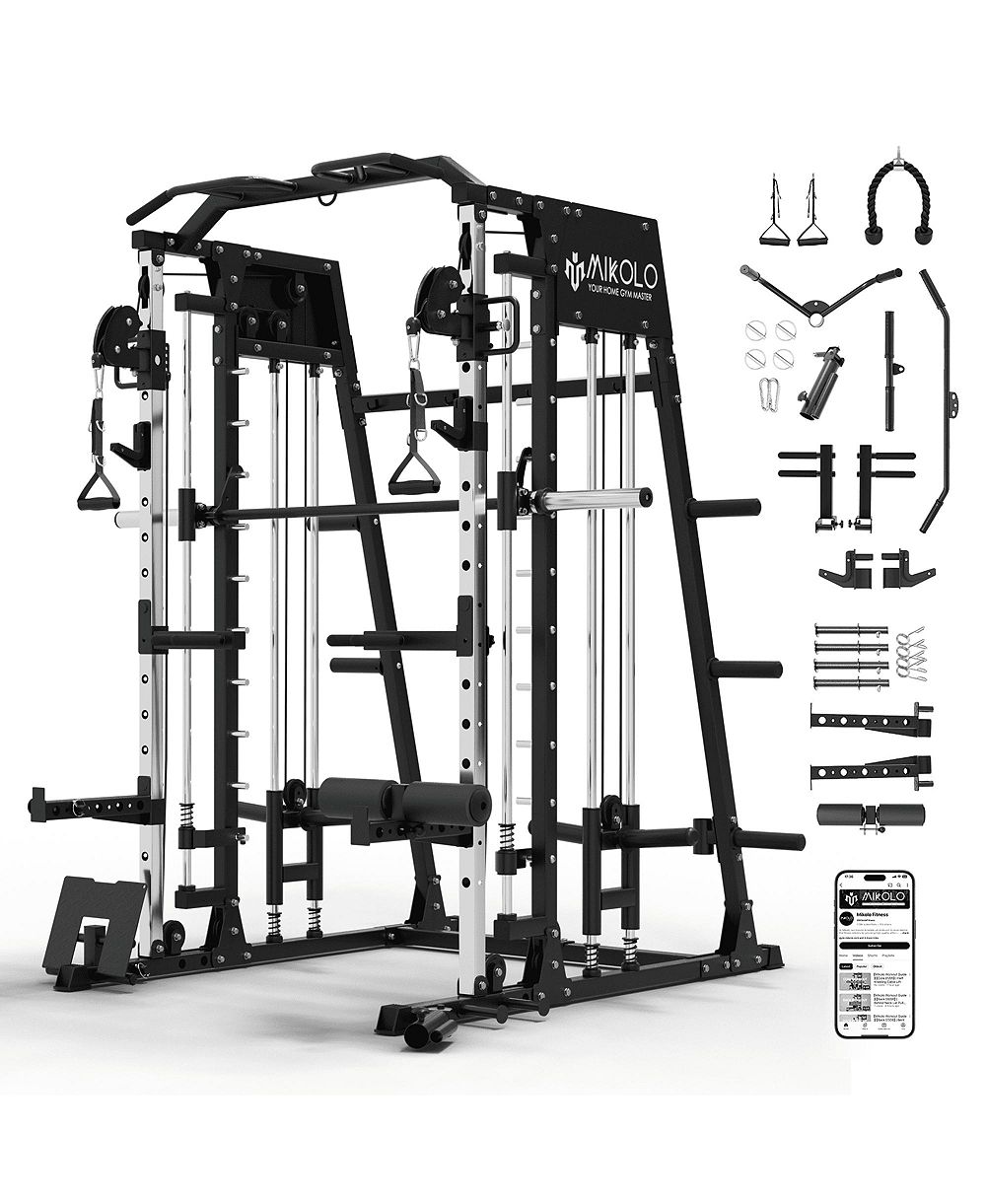 Mikolo Smith Machine Home Gym, 2200 lbs Power Rack Cage with Cable Crossover, Weight Bar, 360degree(s) Landmine, Barbell Holders and Other Attachments