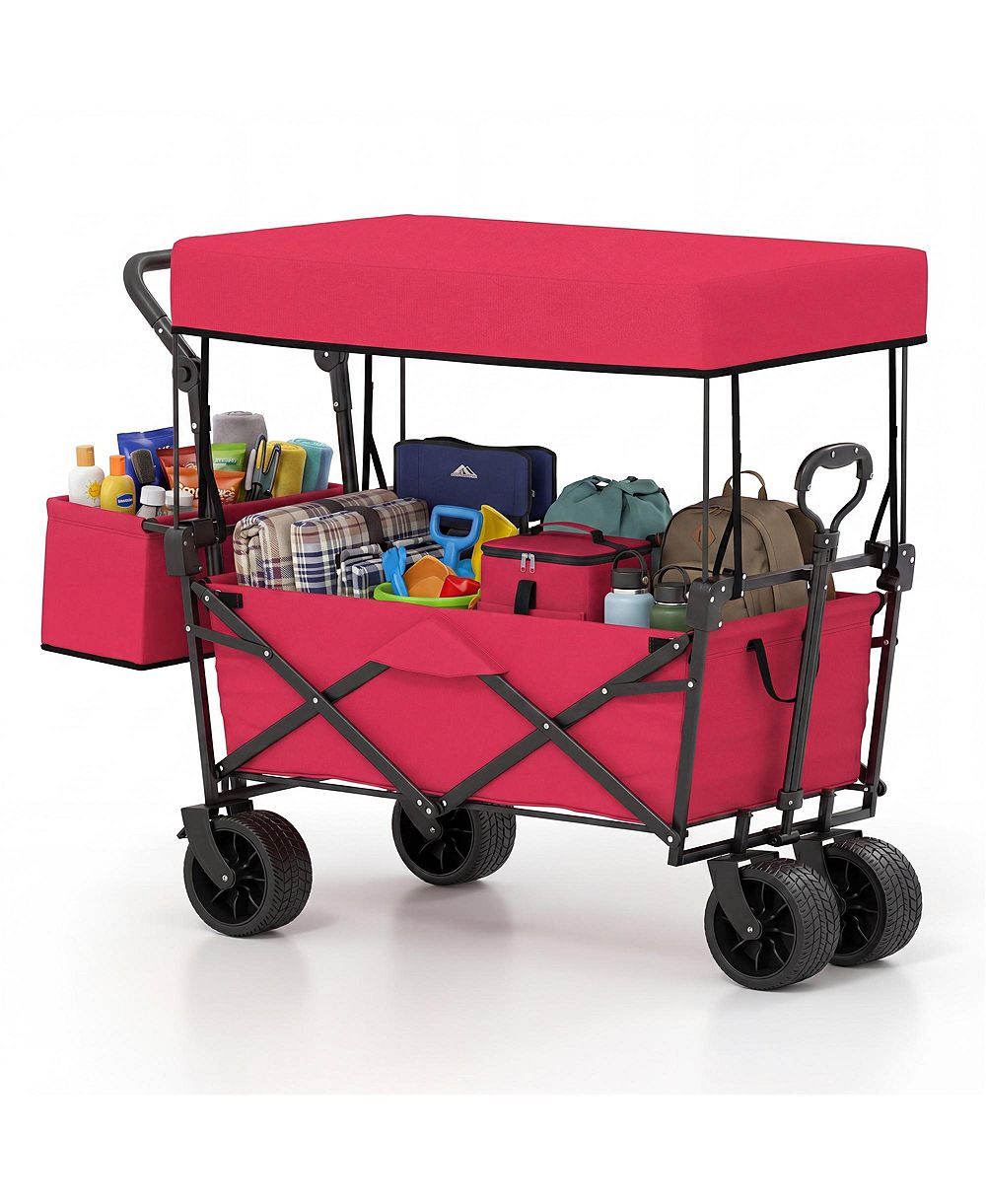 Costway Folding Utility Wagon with Detachable Canopy, Collapsible Garden Cart