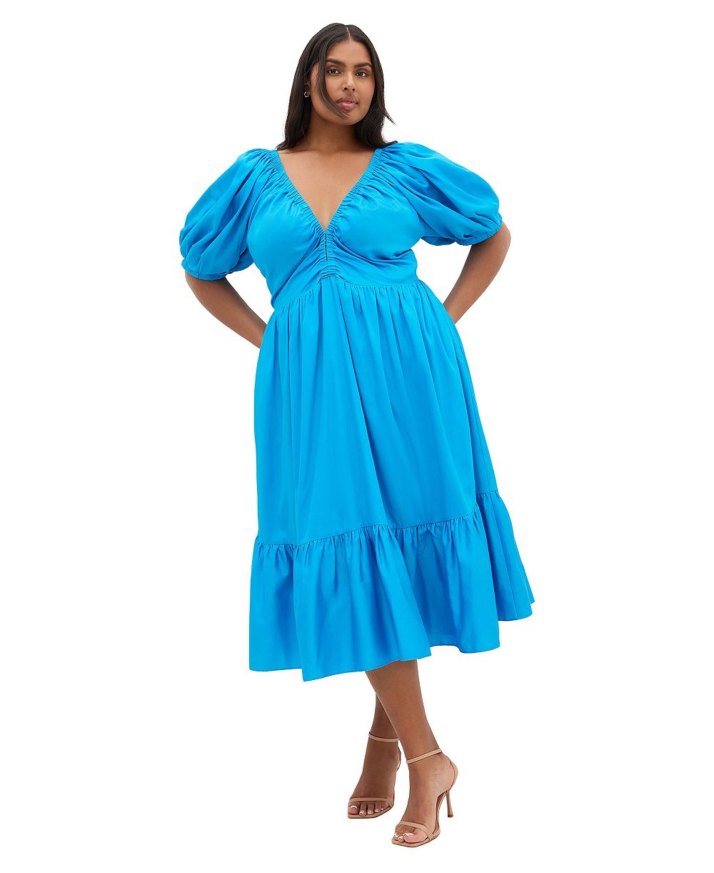 Платье CITY CHIC Plus Size Gracie из хлопка с v-образным вырезом и пышным рукавом