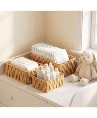 homfan  Wicker Storage Baskets Set of 3, PVC Rattan Handwoven Rectangular Baskets, Farmhouse Style for Living Room Bedroom Balcony