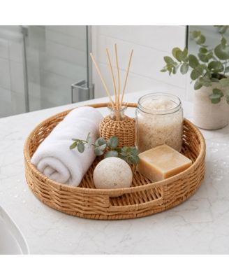 homfan 14 in Round Rattan Tray Set of 2, Handwoven Wicker Serving Trays with Handles, Farmhouse Style for Coffee Table Living Room Bedroom