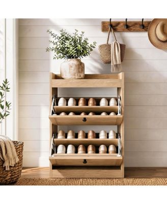homfan Wooden Shoe Cabinet with 2 Flip Drawers, Narrow Shoe Rack Cabinet Large Hidden Shoe Organizer Cabinet for Studio Apartment Entryway