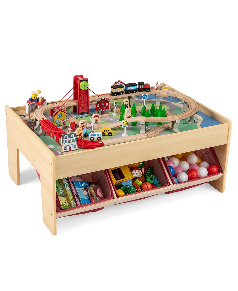 Gymax 94 PCS Wooden Train Set Table w/Reversible Tabletops 3 Storage Bins Tracks Cars