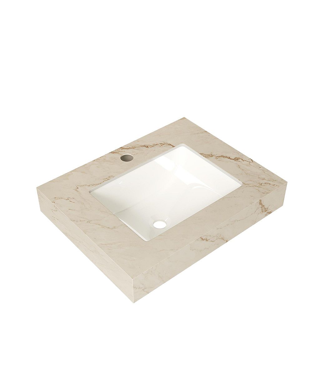 BUSDAYS 24 Inch Cream Gold Vein Sintered Stone Vanity Top with Undermount Ceramic Basin 1 Pre Drilled Faucet Hole No Cabinet No Faucet No Sink Cover
