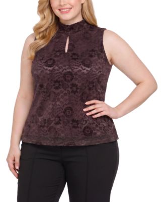 NY Collection Plus Size Floral-Print Lace Keyhole Tank