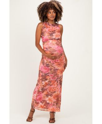 Pinkblush Women's Pink Floral Mesh Ruched Maxi Dress