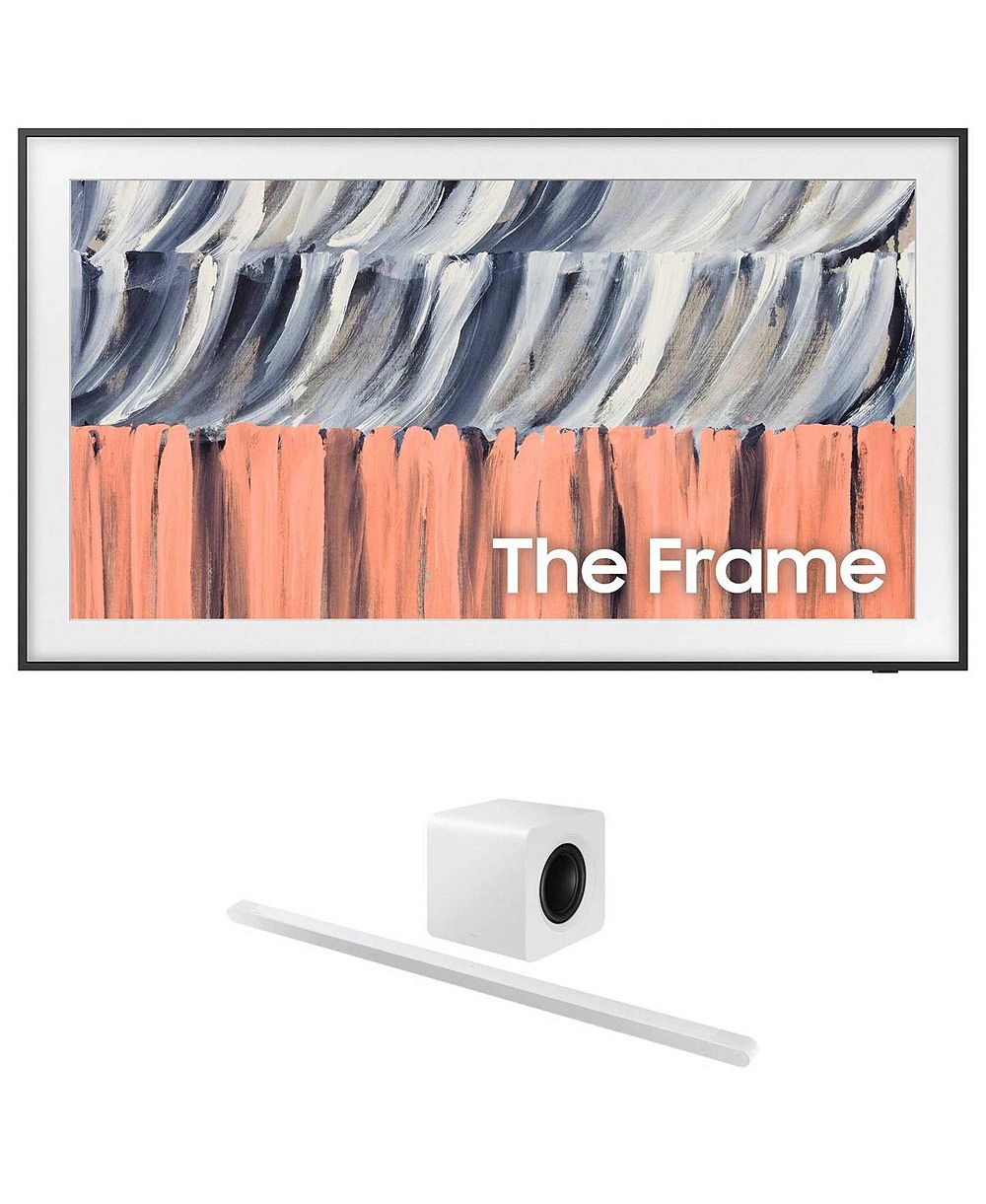 Samsung QN55LS03HE 55" QLED 4K Smart TV без бликов с саундбаром HW-S801D и сабвуфером