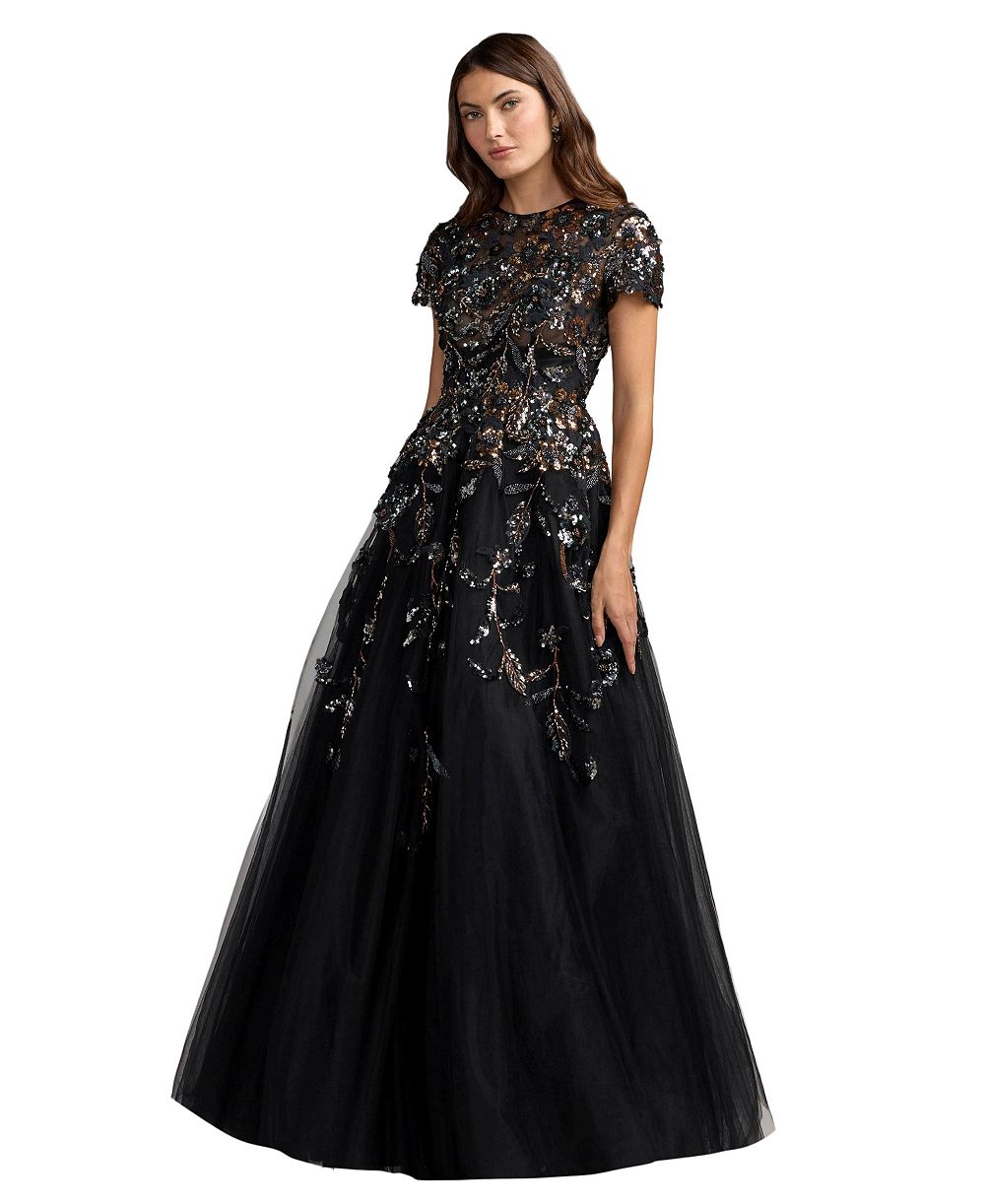 Женское вечернее платье Mac Duggal с цветочным декором и пайетками, коротким рукавом и пышной юбкой
