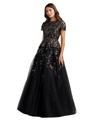 Женское вечернее платье Mac Duggal с цветочным декором и пайетками, коротким рукавом и пышной юбкой