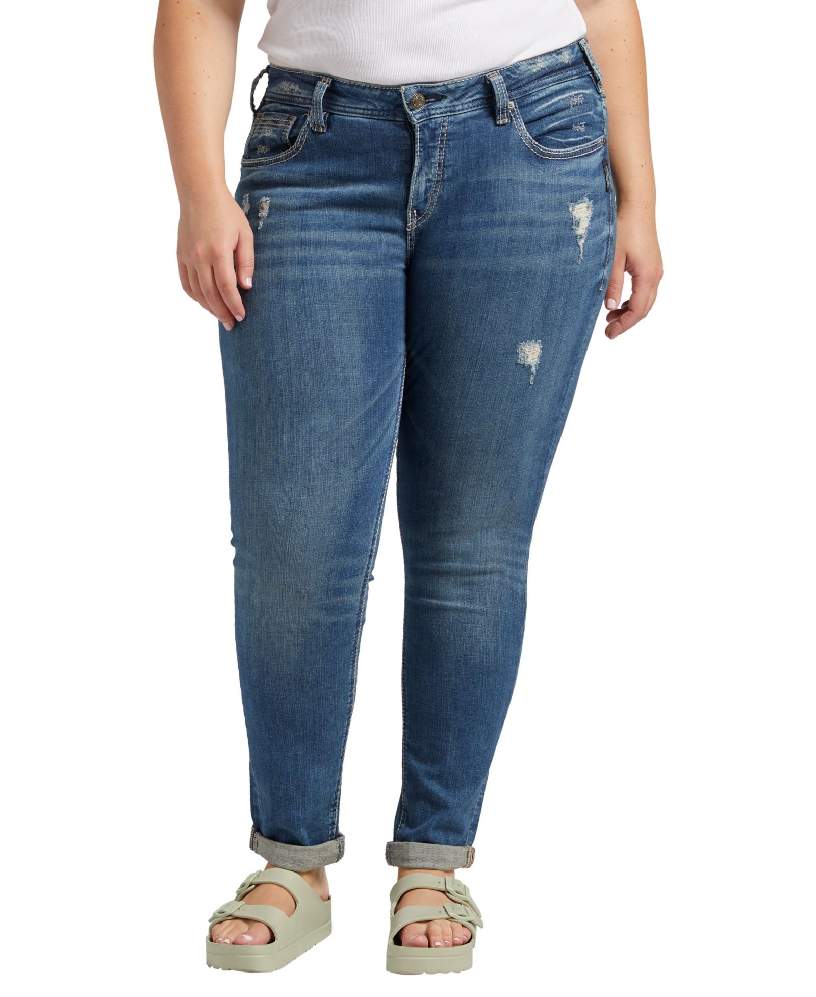 Silver Jeans Co. Plus Size Indigo Wash Ripped Girlfriend Jeans